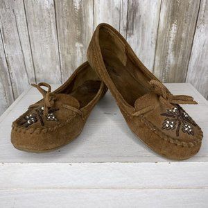 Minnetonka Beaded  Driving Moccasin Brown Suede  Womens Size 7.5